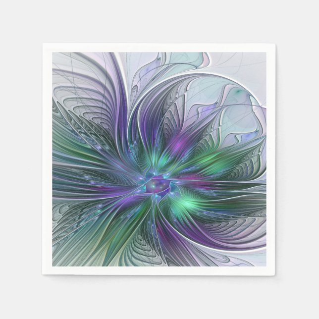 Serviette En Papier Fleur verte abstraite moderne fractale violette (Devant)