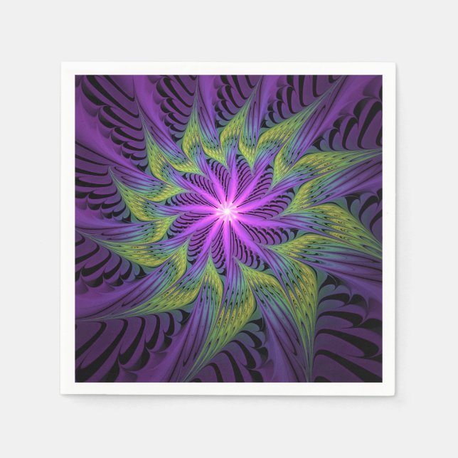 Serviette En Papier Fleuron vert violet Art Abstrait fractal moderne (Devant)