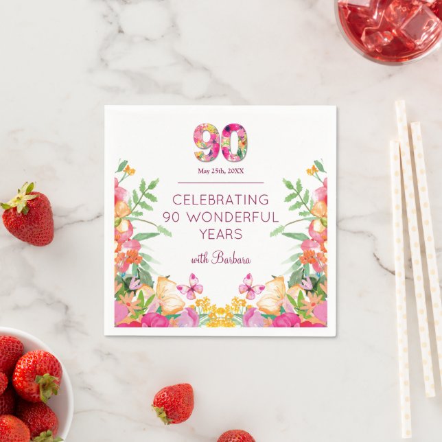 Serviette En Papier Fleurs 90 ans Papillon 90e fête d'anniversaire (En situation)