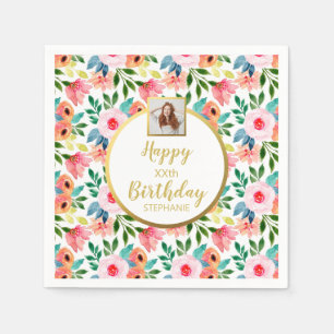 Serviette En Papier Fleurs à l'aquarelle, Texte de photo personnalisé,