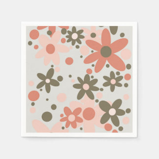 Serviette En Papier Fleurs Abstraites en corail, pêche et vert