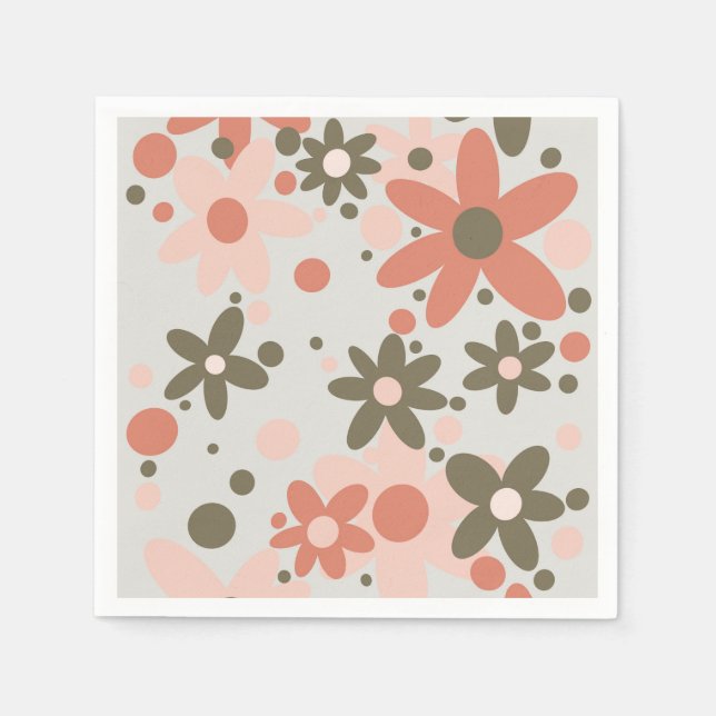 Serviette En Papier Fleurs Abstraites en corail, pêche et vert (Devant)