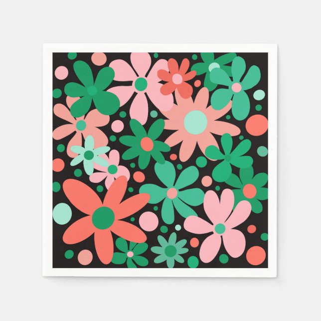Serviette En Papier Fleurs abstraites et funky en vert et rose (Devant)