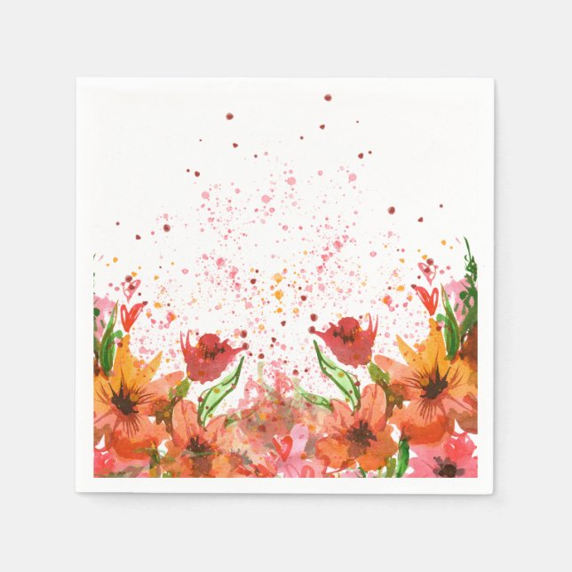Serviette En Papier Fleurs Abstraites Modernes Vertes et Orange (Devant)