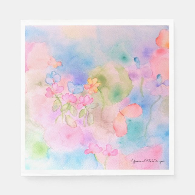 Serviette en papier fleurs aquarelle. (Devant)