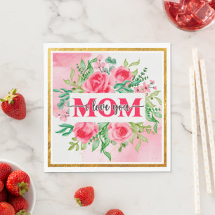 Serviette En Papier Fleurs Aquarelle Élégantes "MAMAN JE T'AIME" de Mè