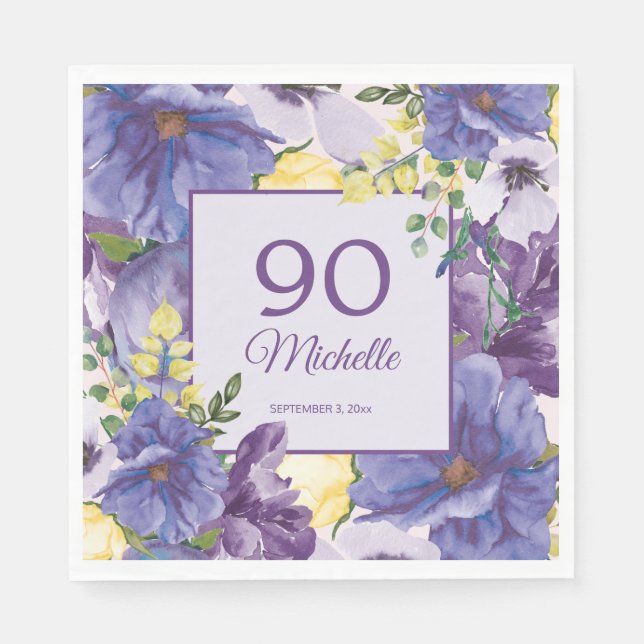 Serviette En Papier Fleurs aquarelle jaune violet 90 ans (Devant)