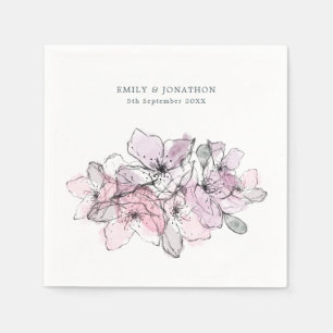 Serviette En Papier Fleurs Aquarelle Lilas Rose Nom Date Mariage