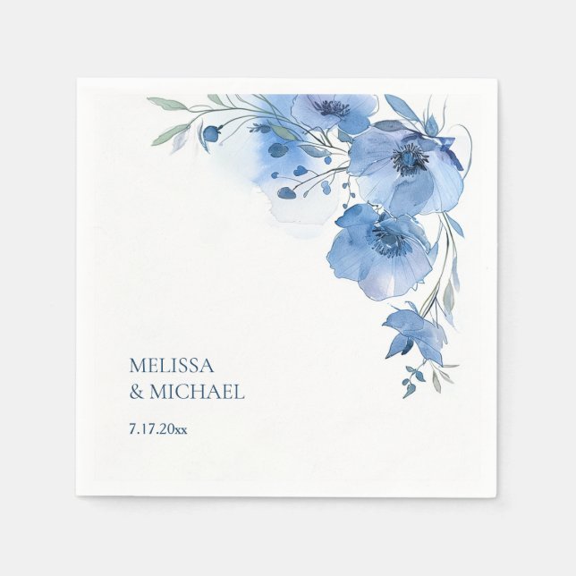 Serviette En Papier Fleurs aquarelles bleues mariage (Devant)