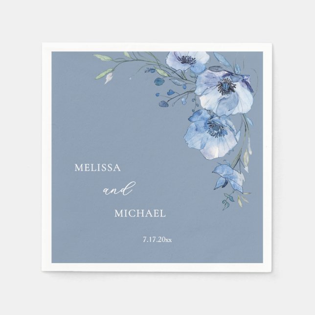 Serviette En Papier Fleurs aquarelles bleues Votre mariage nom (Devant)