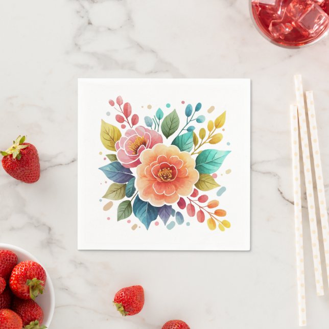 Serviette En Papier Fleurs aquarelles colorées modernes (En situation)