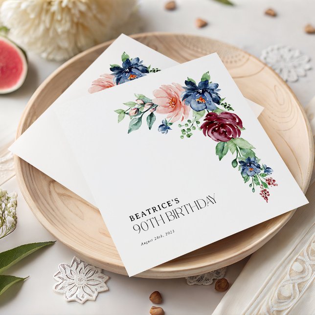 Serviette En Papier Fleurs Aquarelles Élégantes 90e Anniversaire  (Créateur téléchargé)
