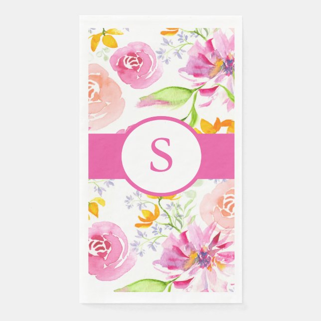 Serviette En Papier Fleurs Aquarelles Monogrammées Roses (Devant)