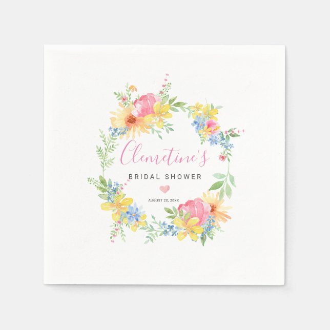 Serviette En Papier Fleurs aquarelles rustiques rose jaune (Devant)