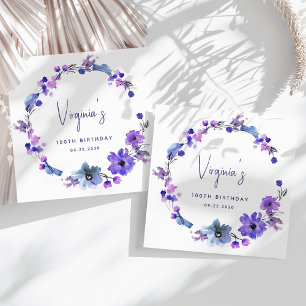 Serviette En Papier Fleurs aquarelles violettes bleues pour 100e anniv