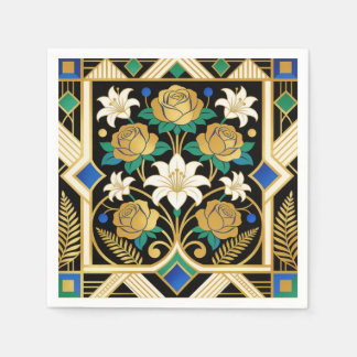Serviette En Papier Fleurs Art Déco Élégantes – Roses et Lys Dorés