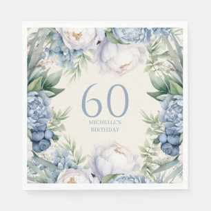 Serviette En Papier Fleurs Blanches Bleu Poussiéreux 60e Anniversaire