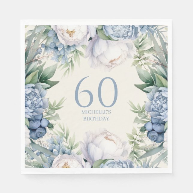 Serviette En Papier Fleurs Blanches Bleu Poussiéreux 60e Anniversaire (Devant)
