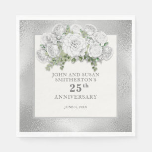 Serviette En Papier Fleurs blanches d'argent 25e anniversaire Mariage