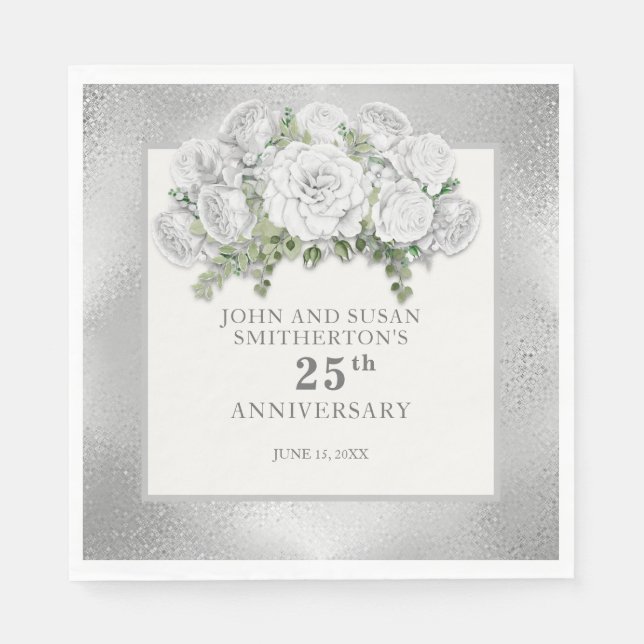 Serviette En Papier Fleurs blanches d'argent 25e anniversaire Mariage (Devant)