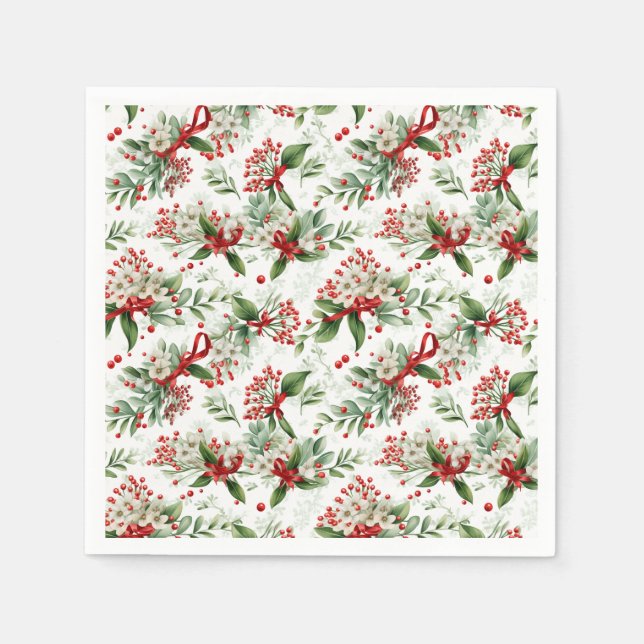 Serviette En Papier Fleurs blanches de Noël et baies rouges (Devant)