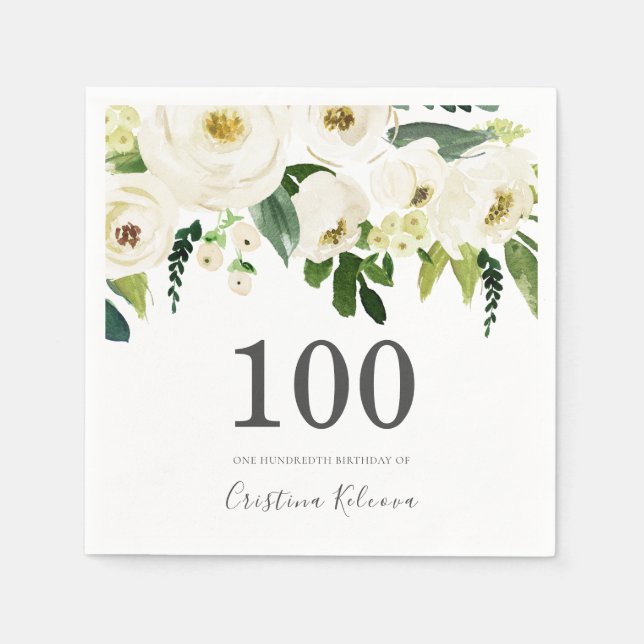 Serviette En Papier Fleurs blanches et crème Elégante 100e anniversair (Devant)