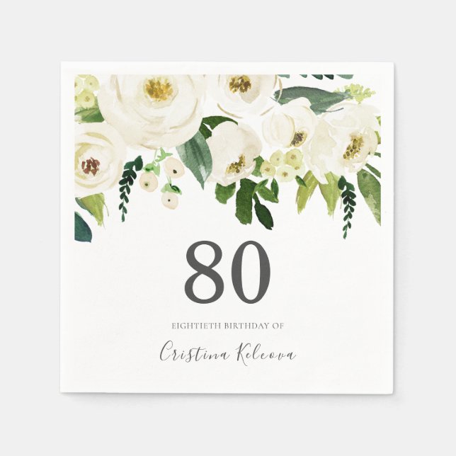 Serviette En Papier Fleurs blanches et crème Elégante 80e anniversaire (Devant)