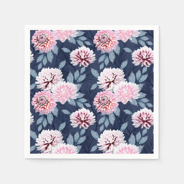 Serviette En Papier Fleurs blanches et roses sur bleu foncé. (Devant)