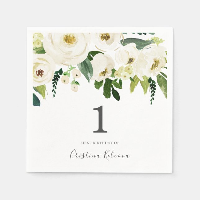 Serviette En Papier Fleurs blanches & Filles de crème 1er anniversaire (Devant)