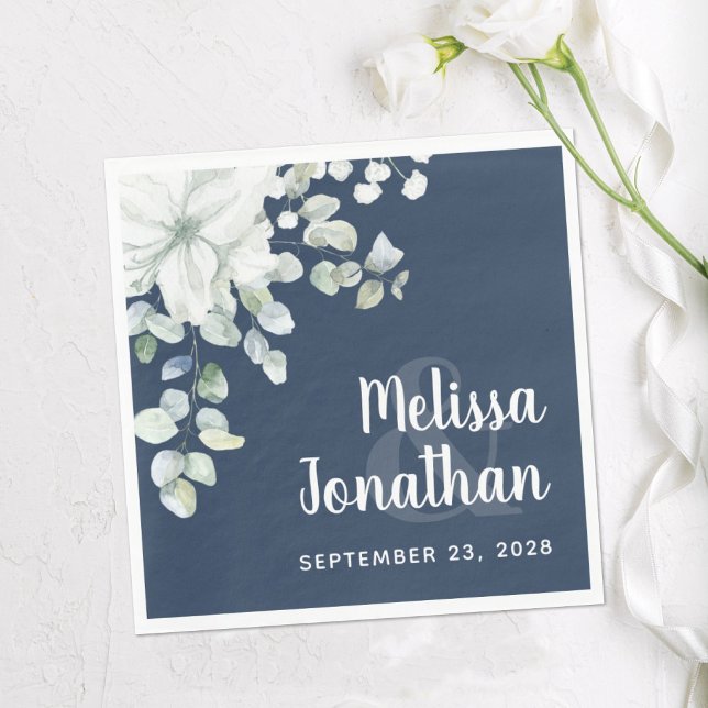 Serviette En Papier Fleurs blanches florales aquarelle romantique mari (Créateur téléchargé)