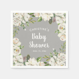 Serviette En Papier Fleurs blanches neutres gris Baby Shower paillette