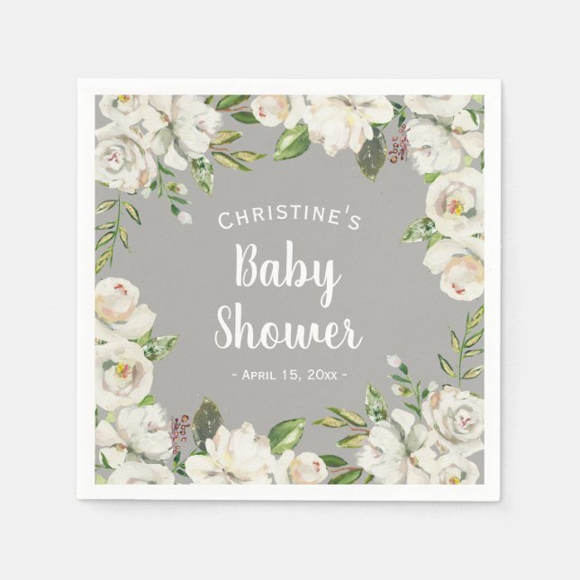 Serviette En Papier Fleurs blanches neutres gris Baby Shower paillette (Devant)