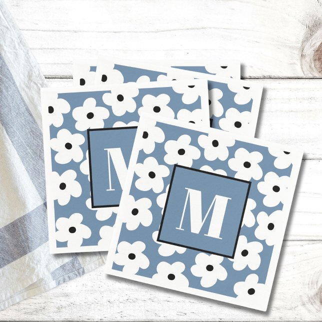 Serviette En Papier Fleurs blanches rétro Monogramme initial personnal (Créateur téléchargé)