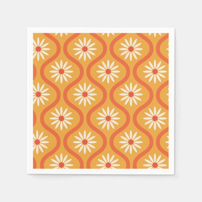 Serviette En Papier Fleurs blanches rétro sur ogee orange du milieu du (Devant)