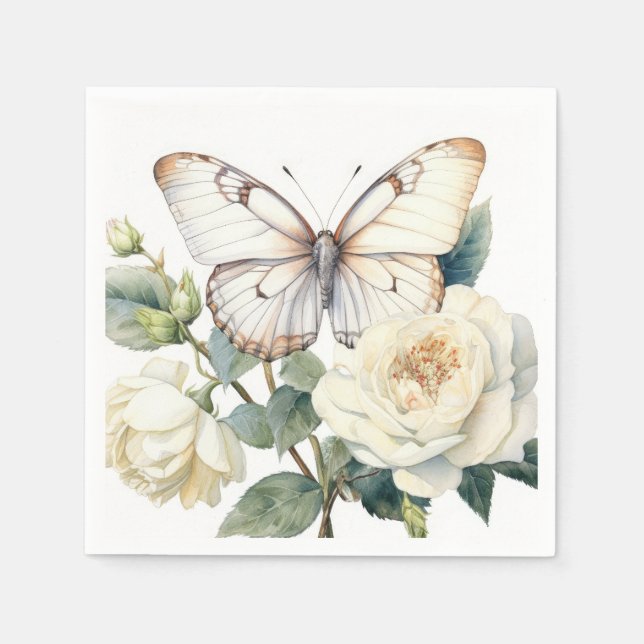 Serviette En Papier Fleurs blanches romantiques et papillon (Devant)