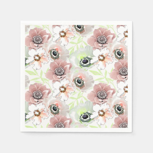 Serviette En Papier Fleurs blanches, roses. (Devant)