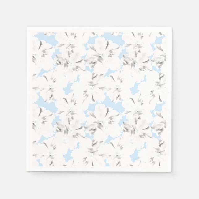 Serviette En Papier Fleurs blanches sur bleu clair. (Devant)