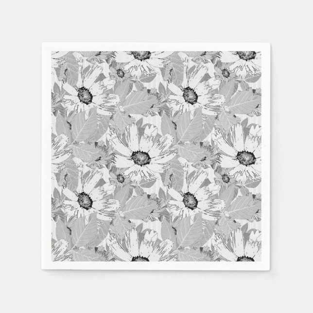 Serviette En Papier Fleurs blanches sur gris clair. (Devant)