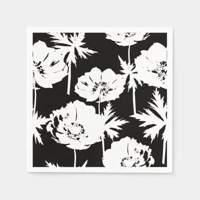 Serviette En Papier Fleurs blanches sur noir. (Devant)