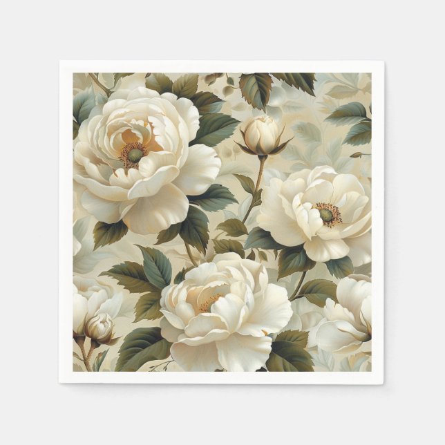 Serviette En Papier Fleurs blanches sur un arrière - plan crème. (Devant)