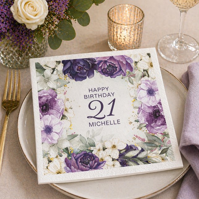 Serviette En Papier Fleurs blanches violettes Joyeux Anniversaire Nom  (Elegant purple floral 21st birthday party paper napkin)
