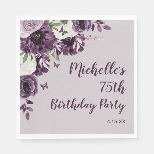 Serviette En Papier Fleurs blanches violettes Papillons 75e anniversai (Devant)