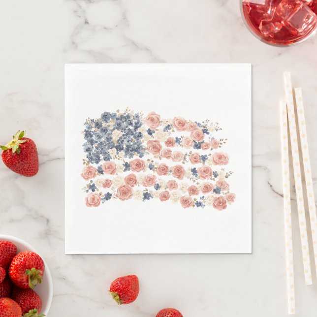 Serviette En Papier Fleurs Bleu Blanc Rouge (En situation)