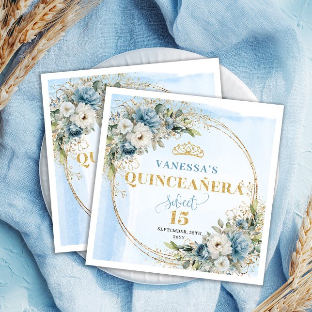 Serviette En Papier Fleurs Bleu Clair et Feuillage Serviettes de 15e A (Light Blue Flowers Greenery 15th Birthday Napkins)