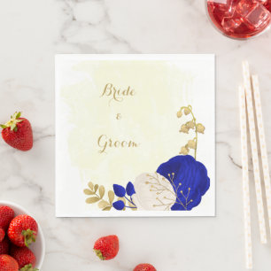 Serviette En Papier fleurs bleu roi et blanc mariage or