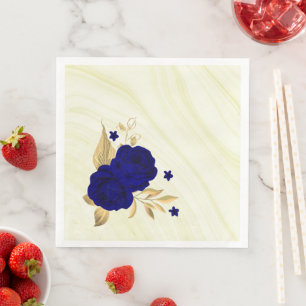Serviette En Papier fleurs bleu royal feuilles or marbre