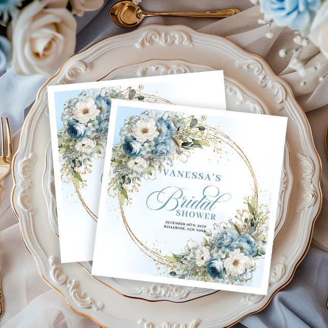 Serviette En Papier Fleurs bleues à l'aquarelle eucalyptus fête dorée (Watercolor blue florals eucalyptus gold party napkins

)