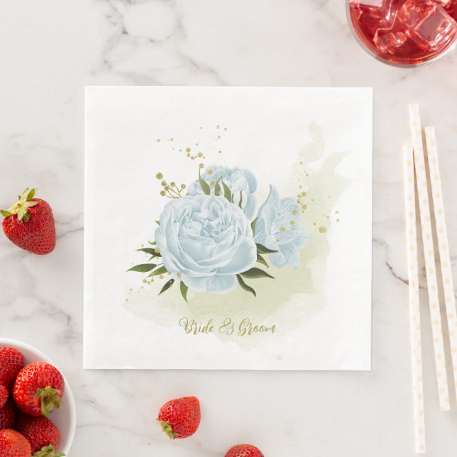 Serviette En Papier Fleurs bleues boho feuilles vertes botanique  (En situation)