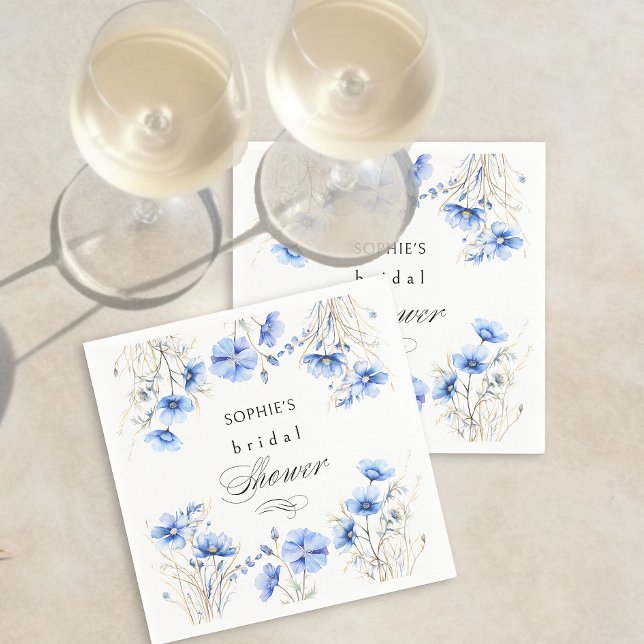 Serviette En Papier Fleurs bleues cadre floral Shower de mariage (Blue Flower and Calligraphy napkins from my Something Blue Floral Bridal Shower Collection)
