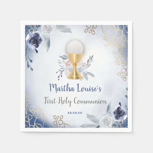 Serviette En Papier Fleurs bleues de la première sainte communion (Devant)